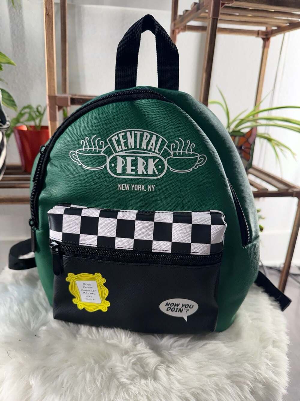Friends Central Perk Mini Backpack Green Black Checkerboard